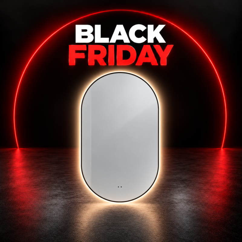 Oglinda baie 60x85 cm, reversibila, cu iluminare LED, rama slim neagra si senzor miscare, Belform Infinity
