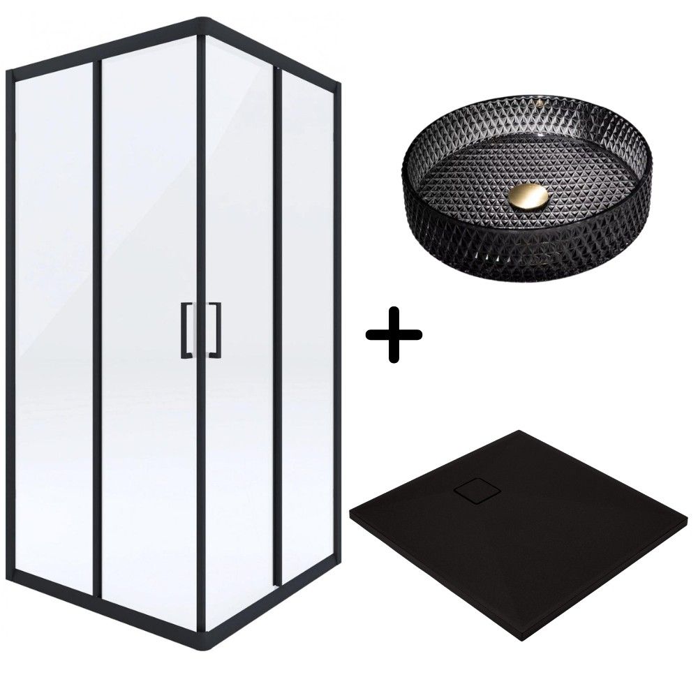 Set cabina dus neagra cu usa culisanta 90x90 cm, cadita dus compozit Deante, plus lavoar rotund sticla neagra [1]