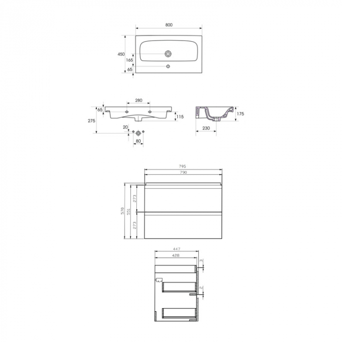 Set dulap baie suspendat gri 2 sertare lavoar inclus, 80 cm, Cersanit Moduo [2]