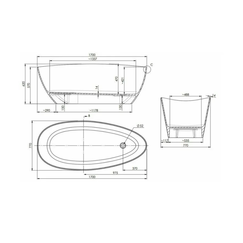 Cada baie freestanding ovala, compozit, 170 x 77 cm, Cast Marble Praga XL [3]