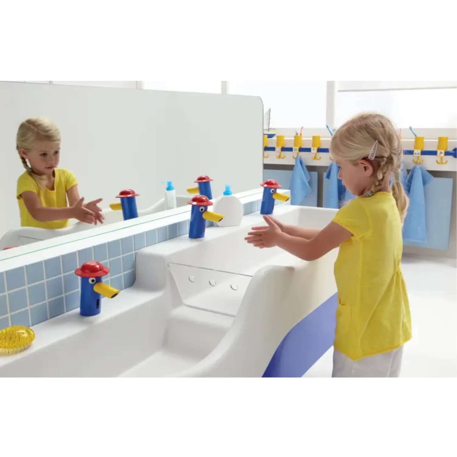 Baterie lavoar pentru copii cu mixare, multicolora albastru/galben/rosu, pipa fixa 8,5 cm, monocomanda, stativa, Geberit Bambini [3]