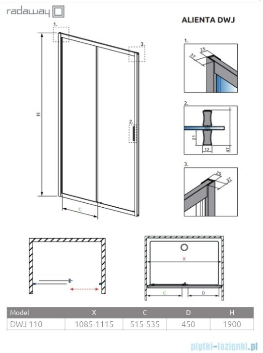 Ușă de duș culisantă pentru nișă Radaway Alienta DWJ 110x190 cm, negru, sticlă 5 mm [2]