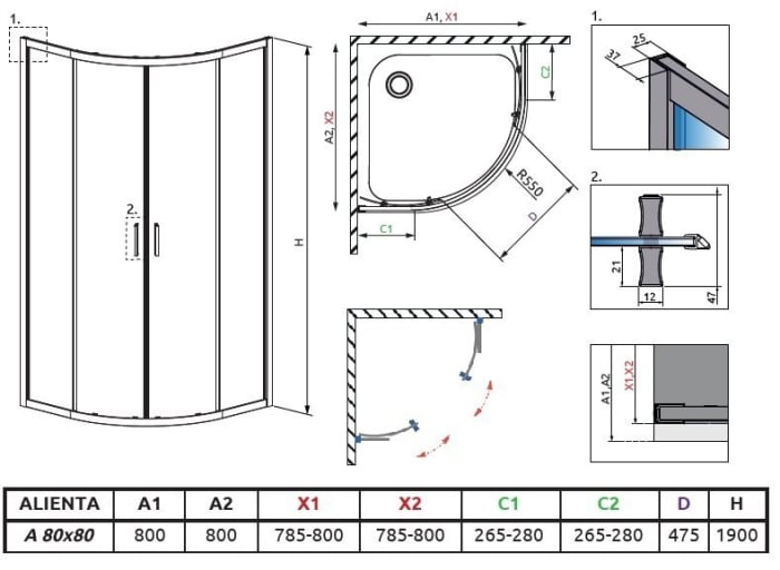 Cabină de duș semirotundă Radaway Alienta A 80x80x190 cm, aur pal periat, sticlă 5 mm, uși culisante [2]
