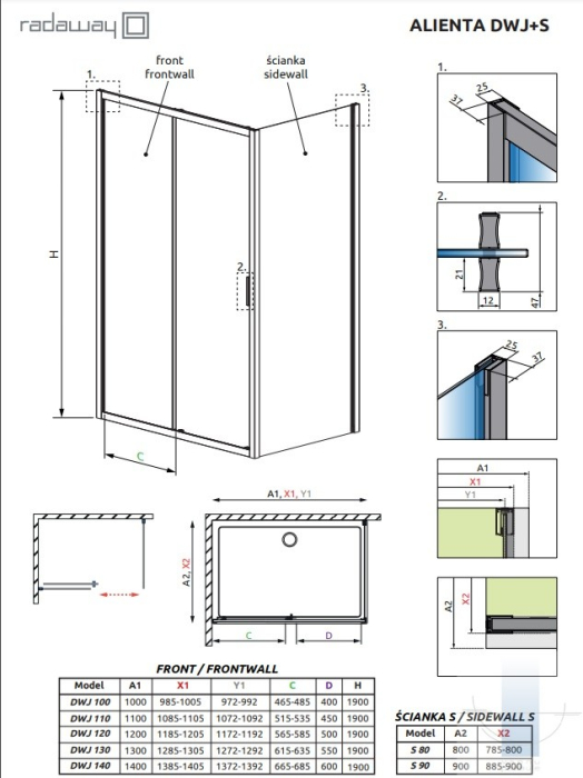 Perete lateral fix de duș Radaway Alienta S1 80x190 cm, aur pal periat, sticlă 5 mm [2]