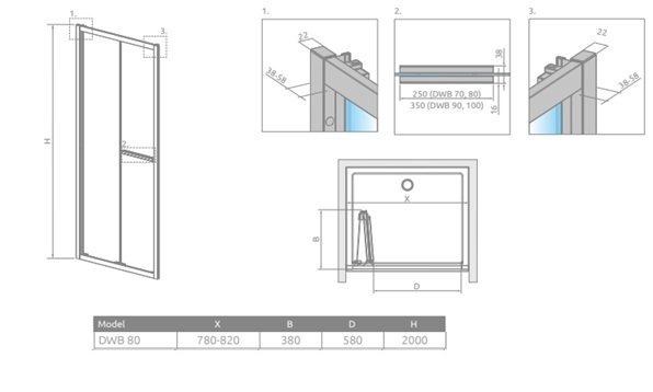 Ușă de duș pliabilă pentru nișă Radaway Alienta DWB 80x200 cm, crom, sticlă 6 mm [2]