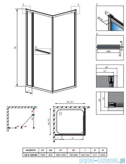 Cabină de duș dreptunghiulară Radaway Alienta SD II 100x80x200,6 cm, crom, sticlă 6 mm, uși culisante [2]
