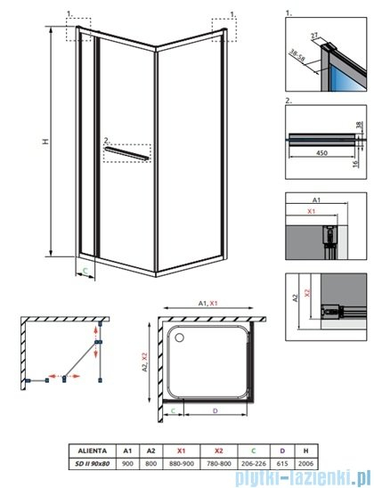 Cabină de duș dreptunghiulară Radaway Alienta SD II 90x80x200,6 cm, crom, sticlă 6 mm, uși culisante [2]