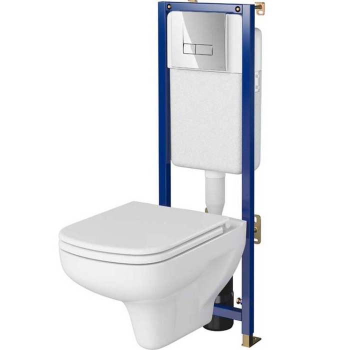 Set WC suspendat Cersanit Tech Line Base cu capac soft close si clapeta crom
