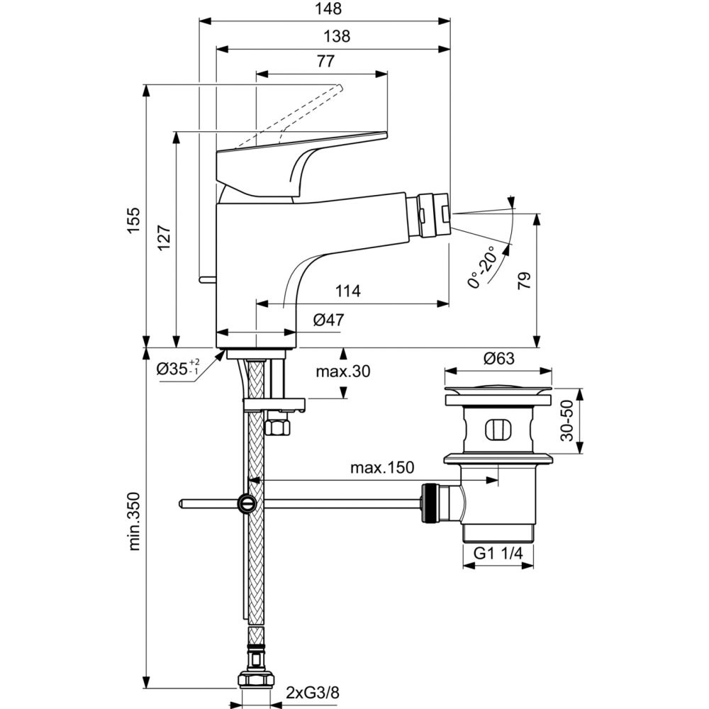 Baterie bideu Ideal Standard Cerabase crom lucios cu ventil inclus [4]