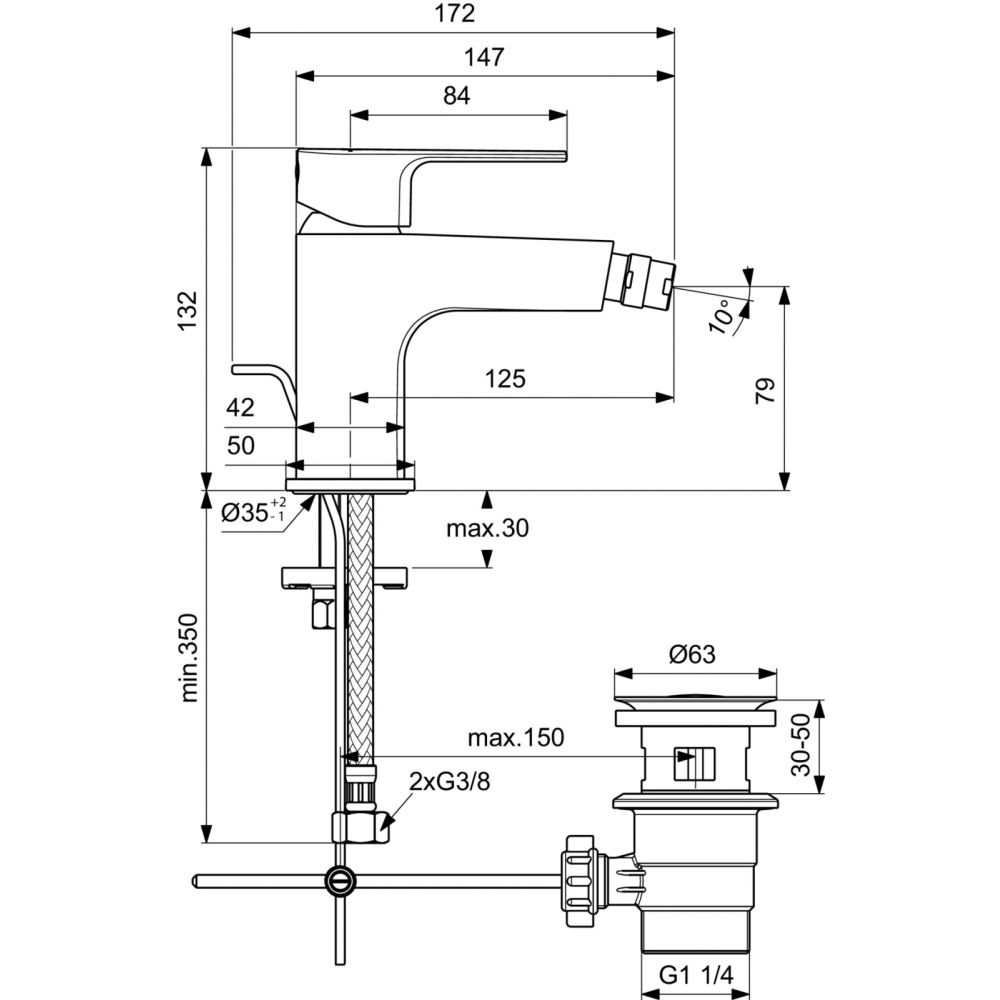 Baterie bideu Ideal Standard Cerafine D crom lucios cu ventil inclus [4]