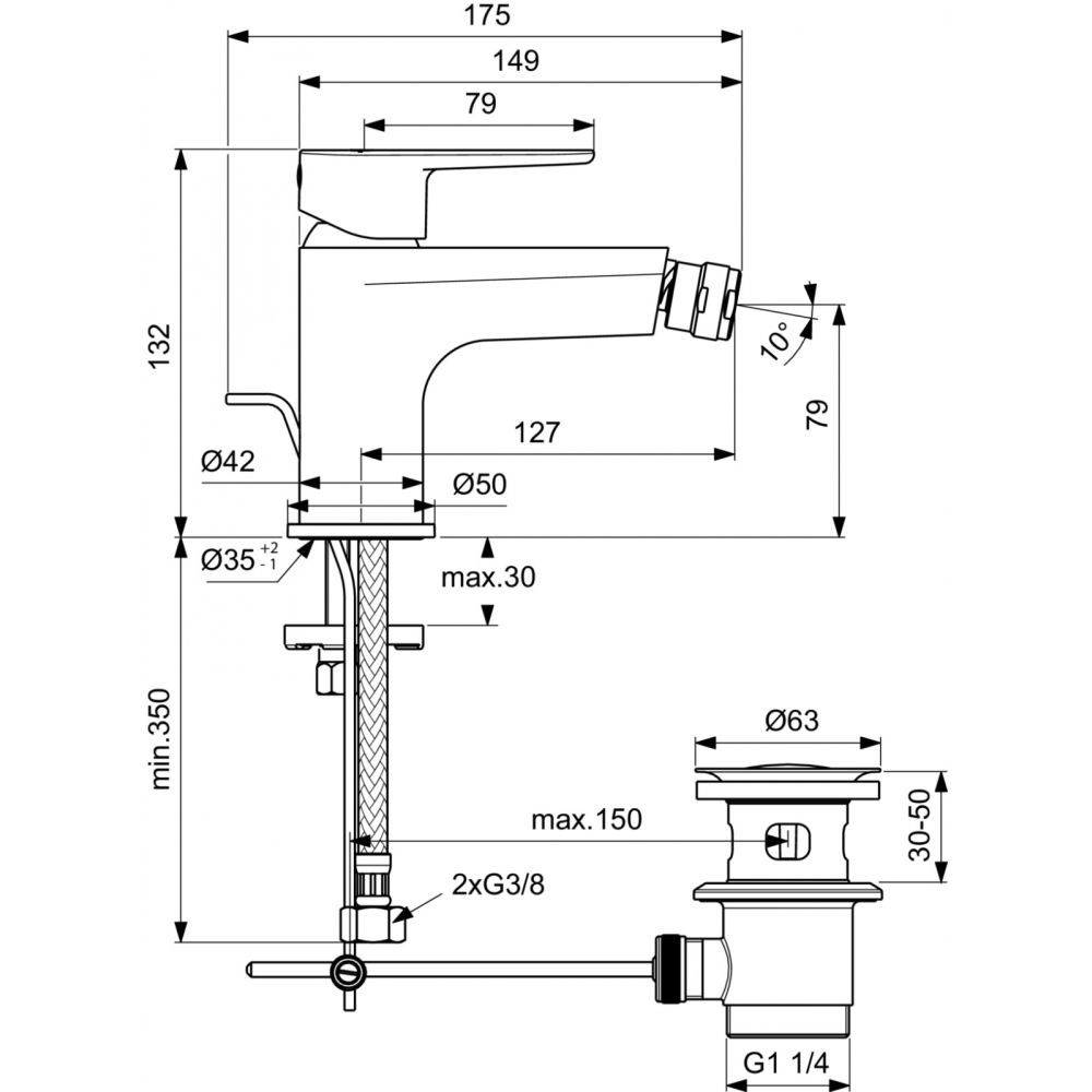 Baterie bideu Ideal Standard Cerafine O negru mat cu ventil inclus [5]
