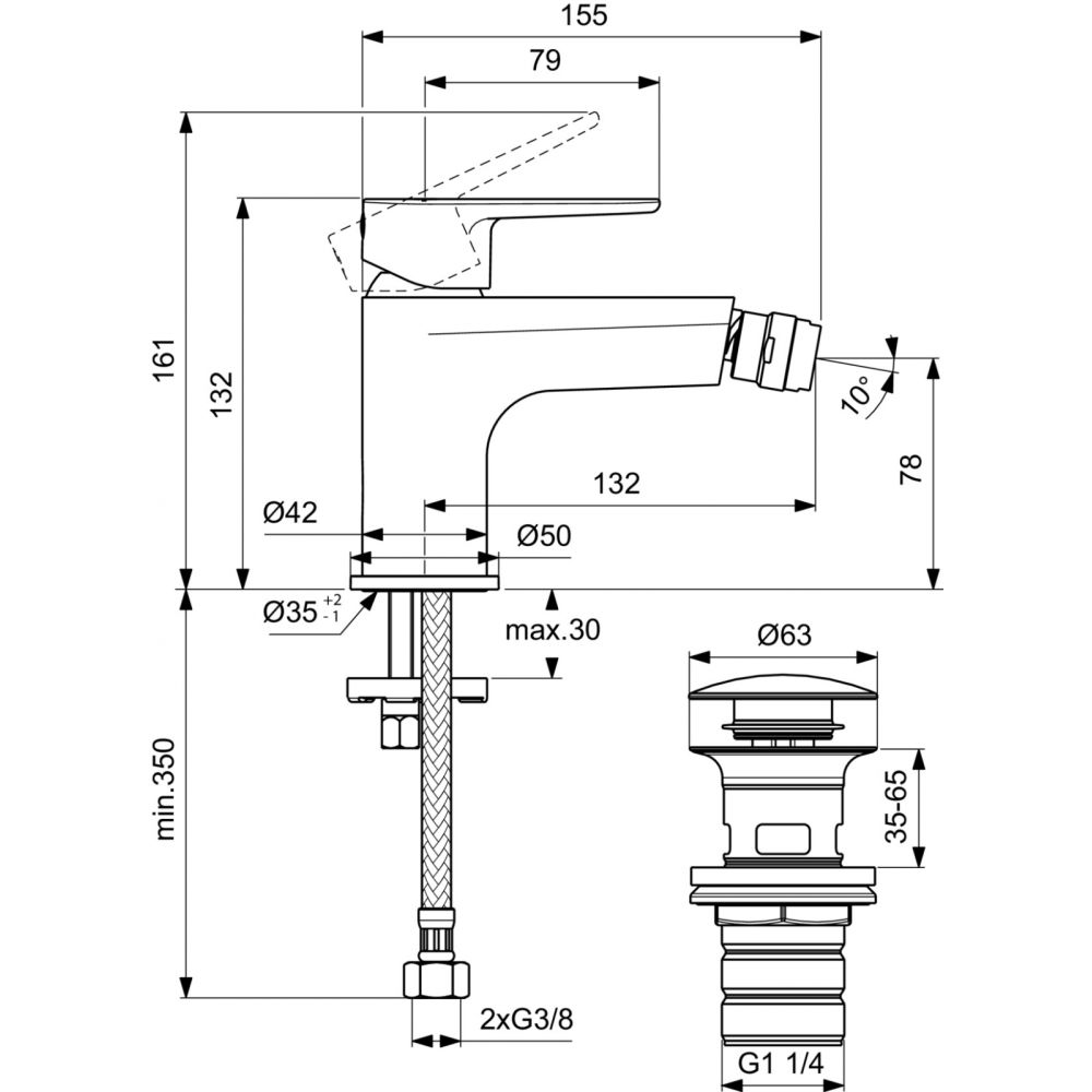 Baterie bideu Ideal Standard Cerafine O argintiu mat cu ventil click-clack inclus BD716SI [5]