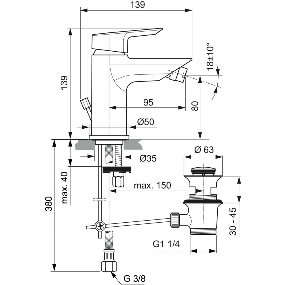 Baterie bideu Ideal Standard Tesi crom lucios cu ventil inclus [3]