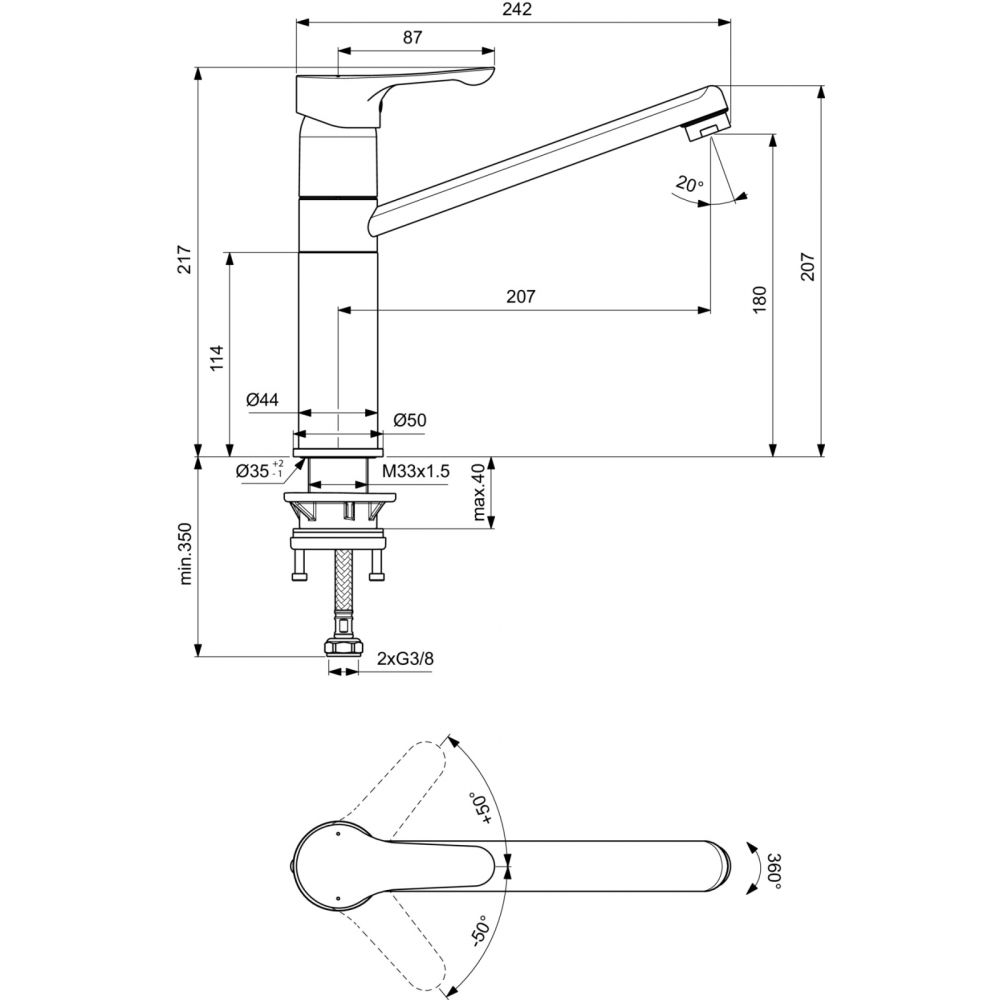 Baterie chiuveta bucatarie Ideal Standard Alpha cu pipa tubulara inalta crom lucios [2]