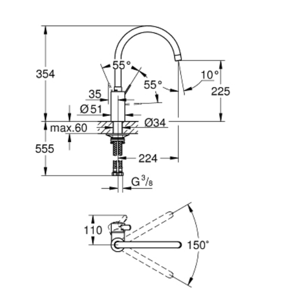 Baterie chiuveta bucatarie cu pipa pivotanta crom Grohe Eurosmart Cosmopolitan [2]