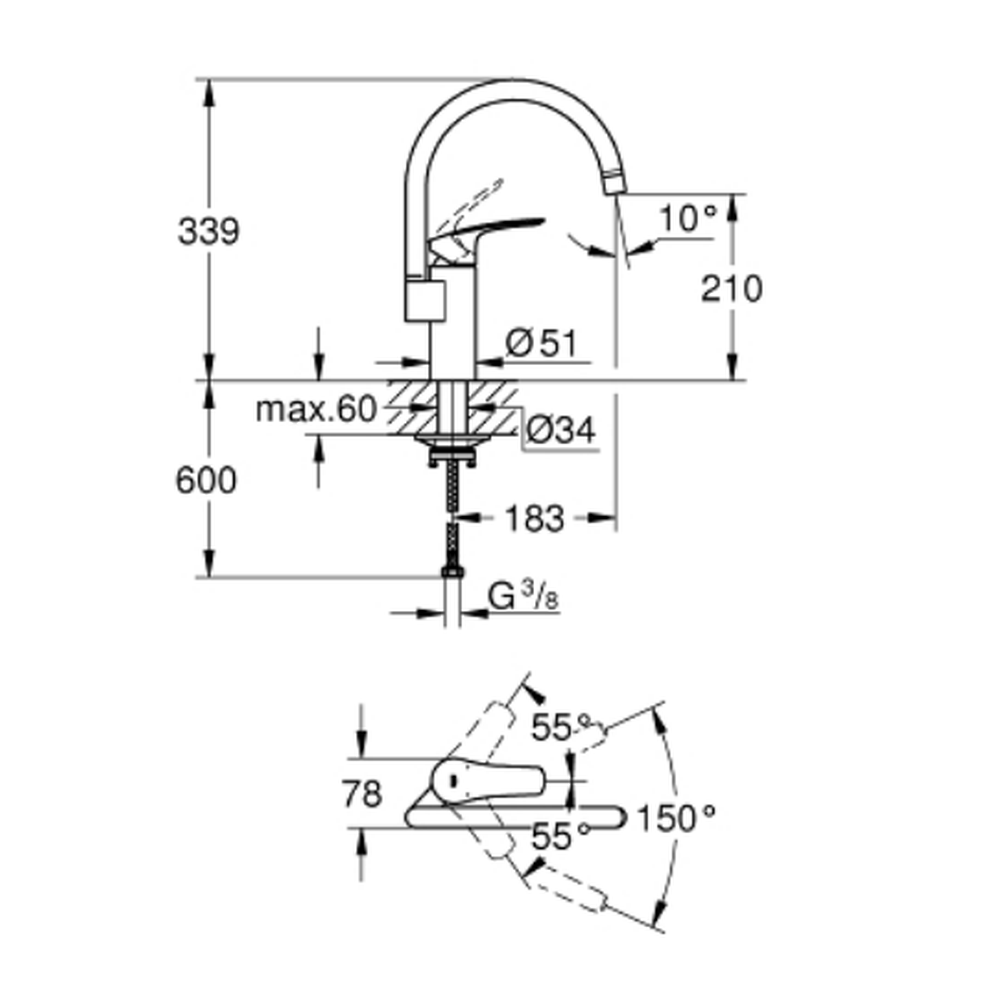 Baterie chiuveta bucatarie cu pipa pivotanta crom Grohe Eurosmart [4]
