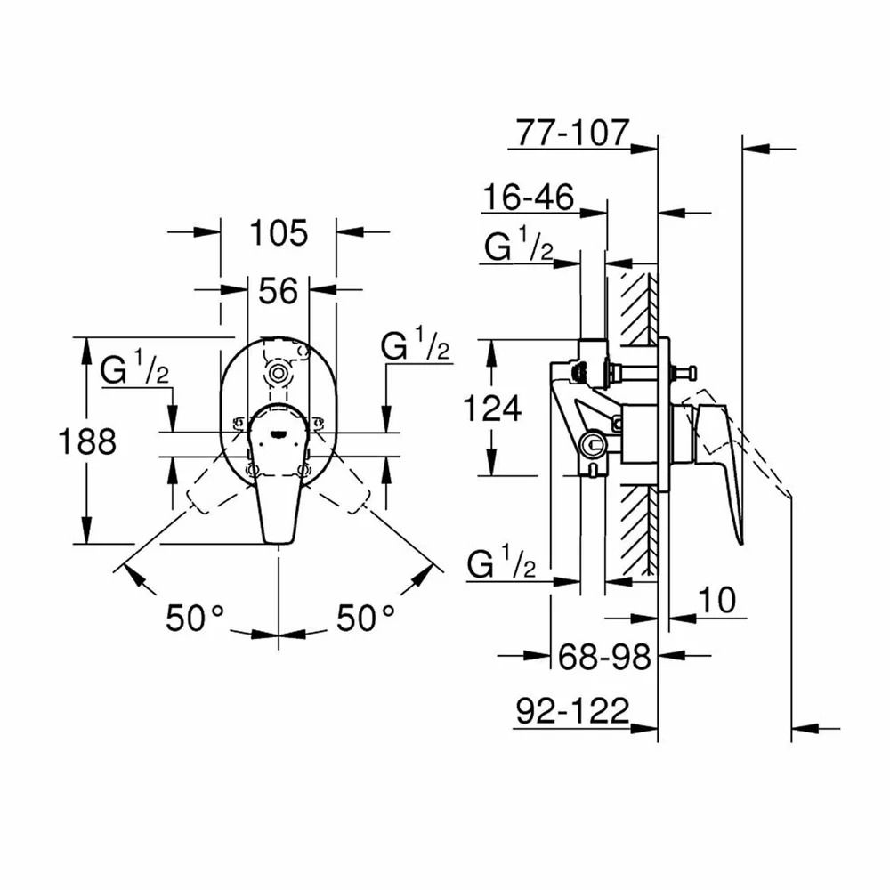 Baterie cada sau dus incastrata crom, corp incastrat inclus, Grohe BauEdge New 2 [2]