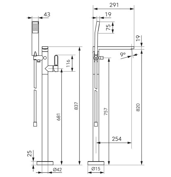Baterie cada freestanding, neagra cu finisaj roz auriu, Zaffiro FDesign [2]