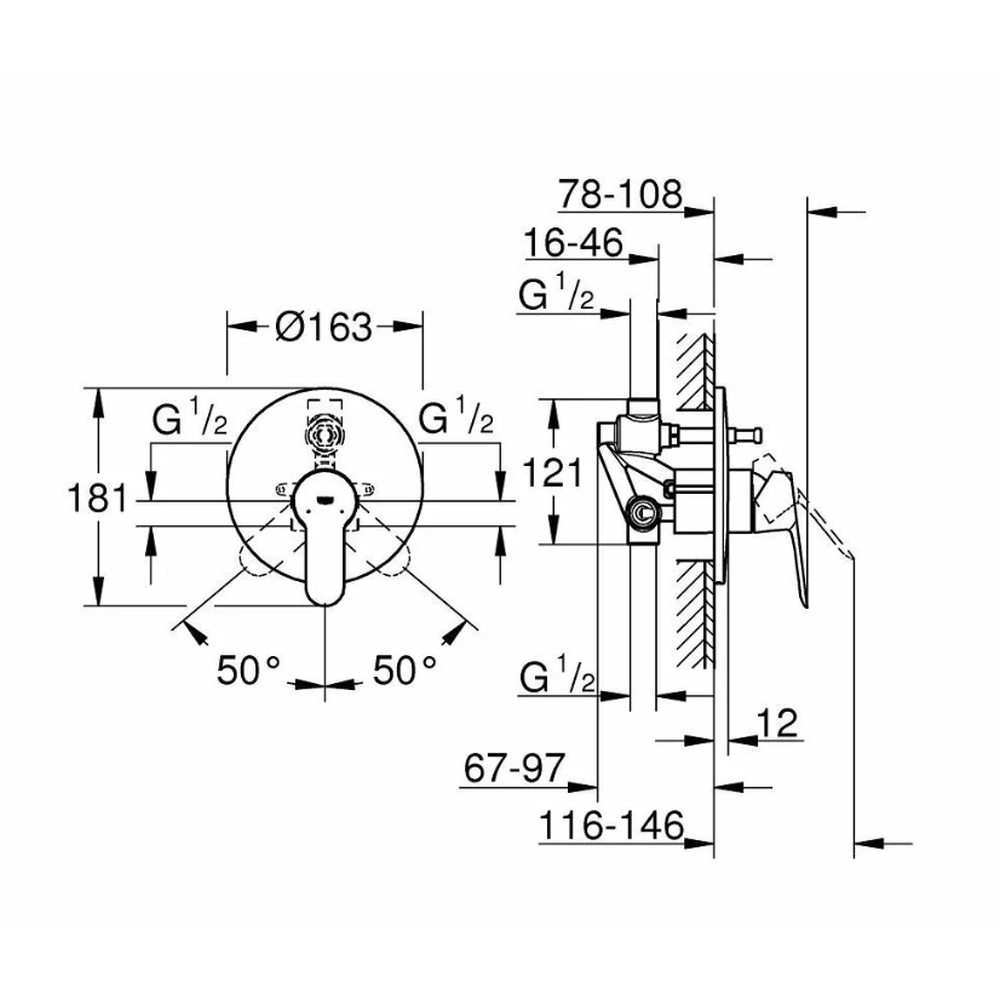 Baterie cada sau dus incastrata crom, corp incastrat inclus, Grohe BauEdge [2]