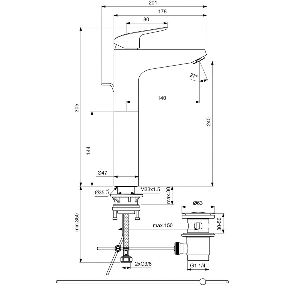 Baterie lavoar inalta Ideal Standard Ceraflex crom lucios cu ventil inclus [5]