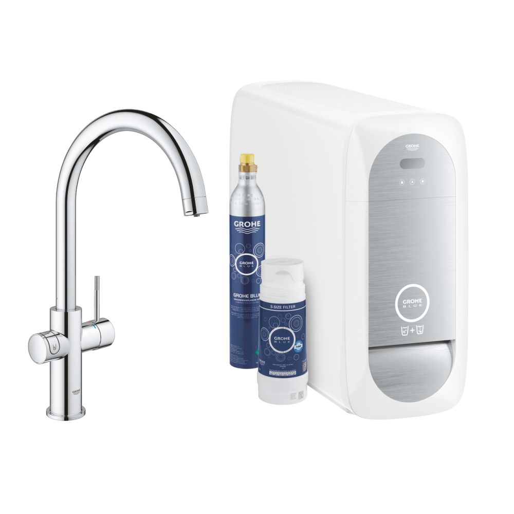 Baterie chiuveta bucatarie Grohe Blue Home crom pipa tip C si Starter Kit