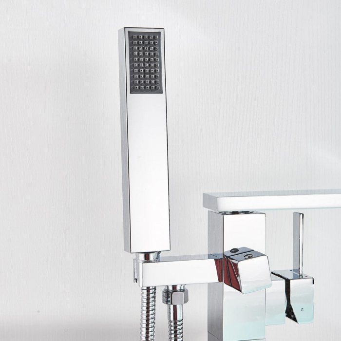 Baterie cada freestanding argintiu cromat, cu cadru patrat si dus de mana [3]