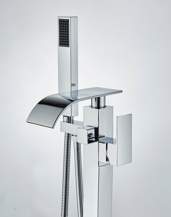 Baterie cada freestanding argintiu lucios cu curgere tip cascada si dus de mana [4]