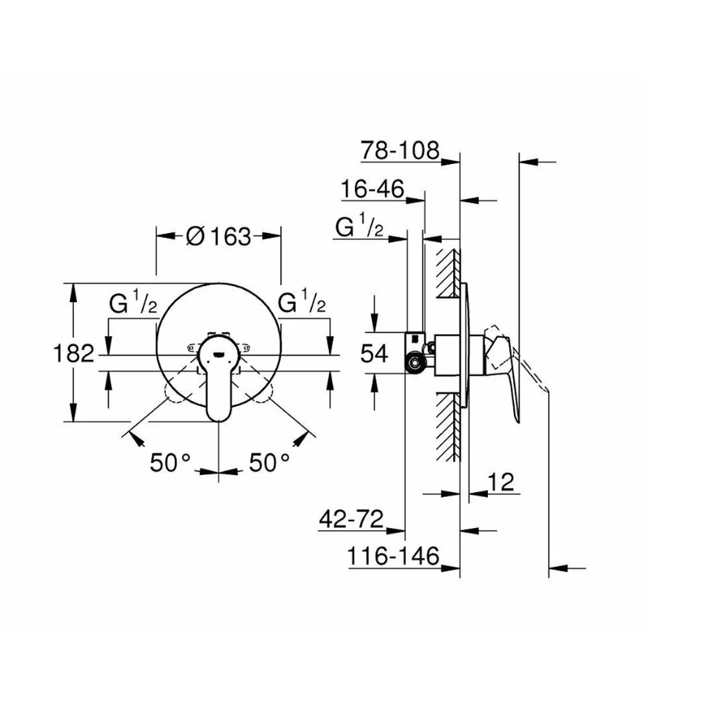 Baterie dus incastrata crom, corp incastrat inclus, Grohe BauEdge [2]