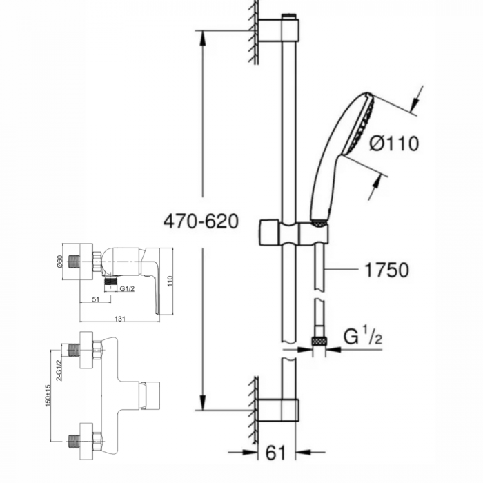 Set dus crom cu bara, para dus si furtun, Grohe New Tempesta 110 si baterie dus Cersanit Suaro [6]