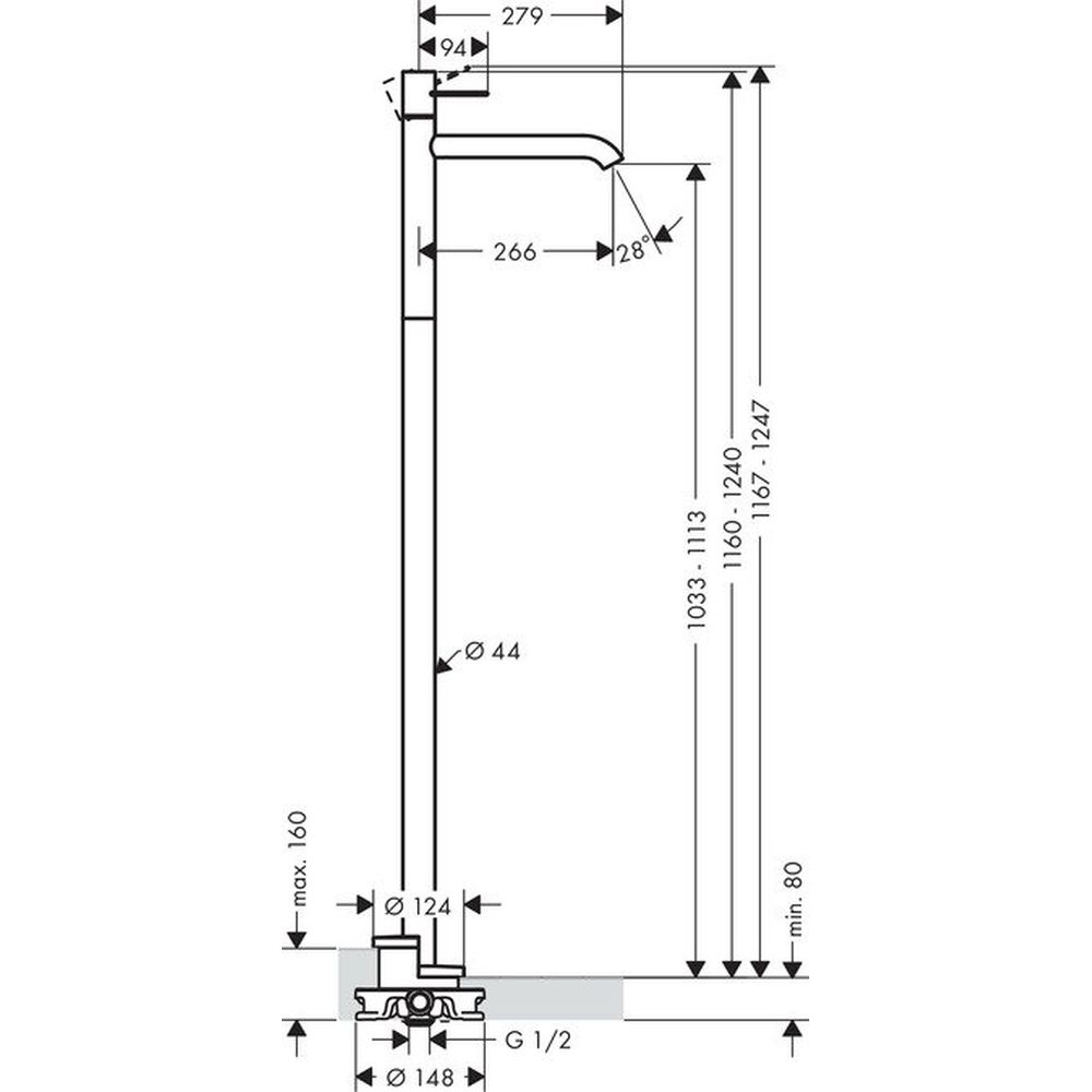 Baterie lavoar baie crom cu montaj in pardoseala, pipa 266 mm, Hansgrohe Axor Uno [2]