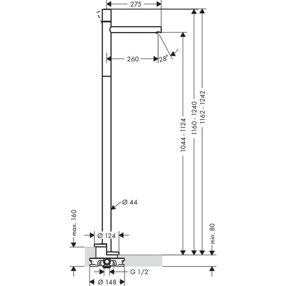 Baterie lavoar baie crom cu montaj in pardoseala, pipa 260 mm, Hansgrohe Axor Uno [2]