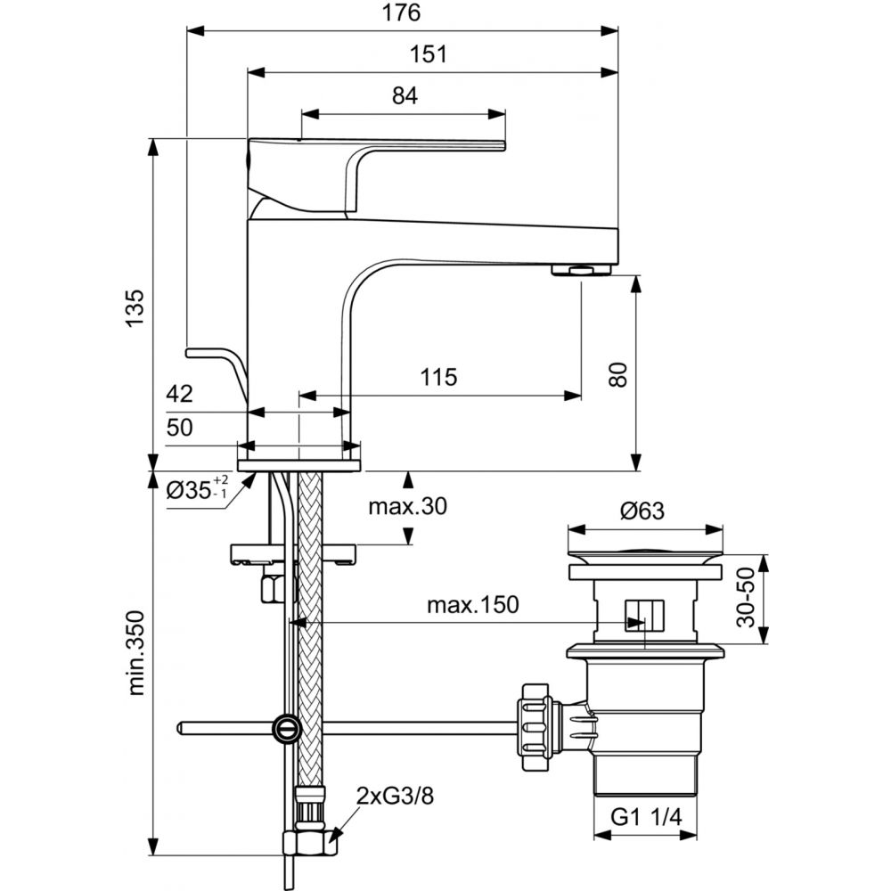 Baterie lavoar Ideal Standard Cerafine D H80 crom lucios cu ventil plastic inclus [4]