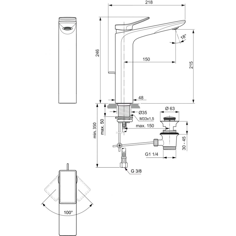 Baterie lavoar inalta Ideal Standard Conca crom lucios cu ventil pop-up inclus [5]