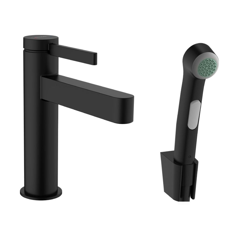 Baterie lavoar cu ventil inclus si dus igienic, culoare negru mat Hansgrohe Finoris