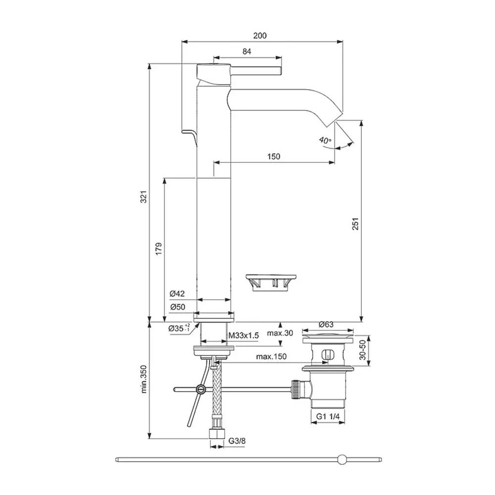Baterie lavoar inalta Ideal Standard Ceraline negru mat cu ventil inclus [4]