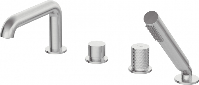 Baterie pentru cada, otel periat, cu 4 orificii, set dus inclus, Deante Silia Hexa