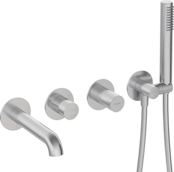 Baterie pentru cada, otel periat, cu 4 orificii, set dus inclus, montaj ingropat, Deante Silia Hexa