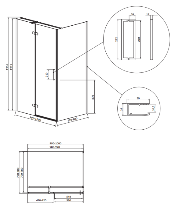 Cabina de dus 80x100x195 cm, sticla securizata 6 mm, negru, Cersanit Jota [2]