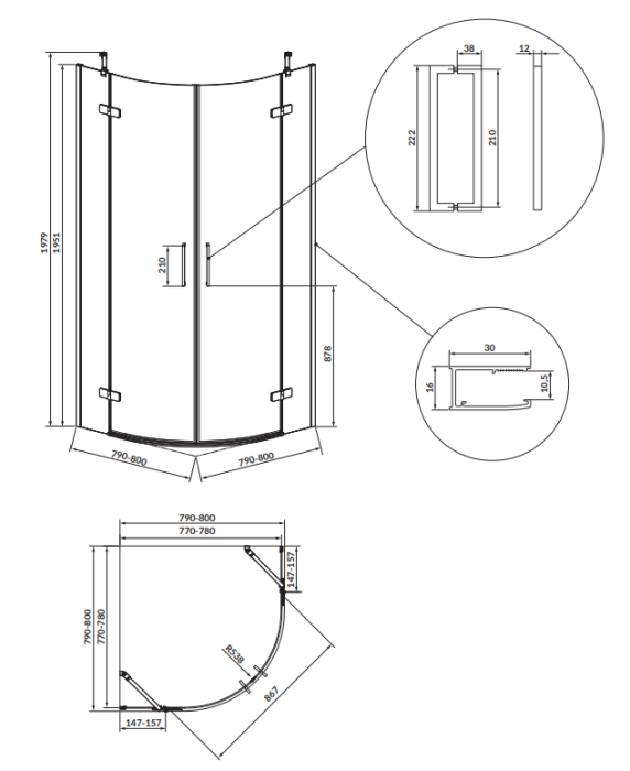 Cabina de dus 80x80x195 cm, sticla securizata 6 mm, semirotunda, negru, Cersanit Jota [2]