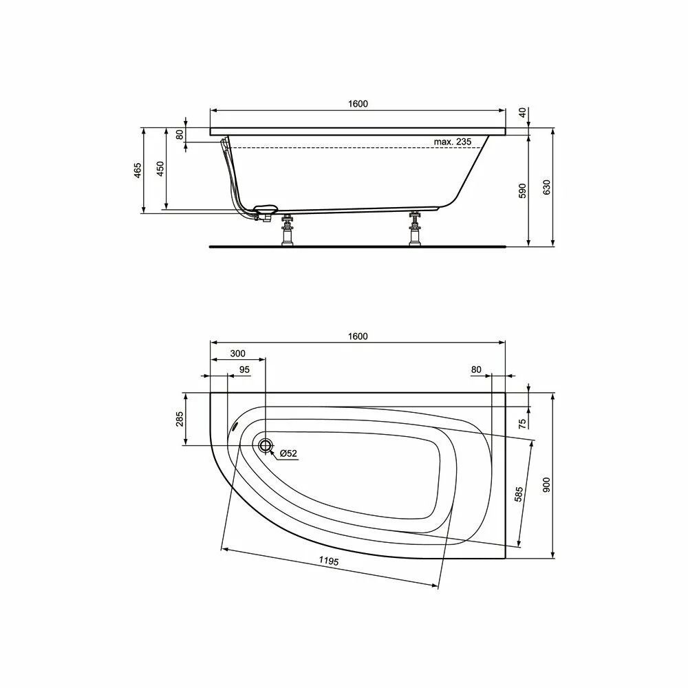 Cada baie pe colt Ideal Standard Hotline, asimetrica, 160x90 cm, orientare dreapta [3]