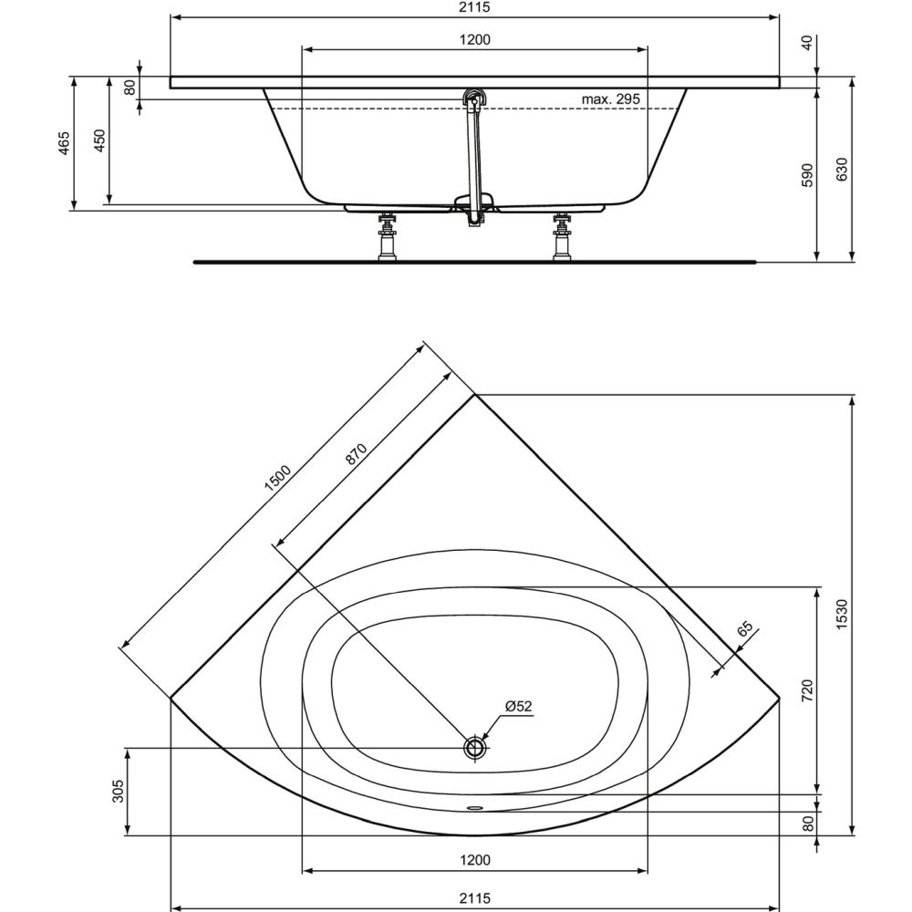 Cada baie pe colt Ideal Standard Hotline New, asimetrica, 150x150 cm [3]