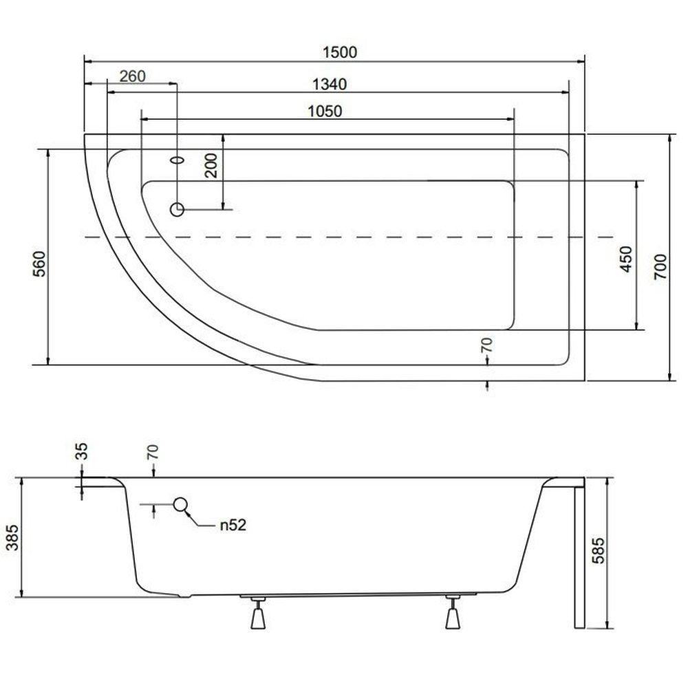 Cada baie asimetrica, acril, 150 x 70 cm, orientare dreapta, Besco Praktika [3]