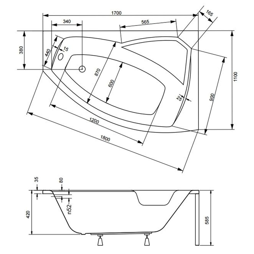 Cada baie asimetrica cu sezut, acril, 170 x 110 cm, orientare dreapta, Besco Rima [4]
