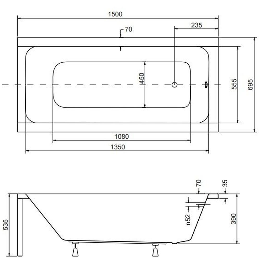 Cada baie dreptunghiulara, acril, 150 x 70 cm, instalatie completa, Besco Modern 2 [4]