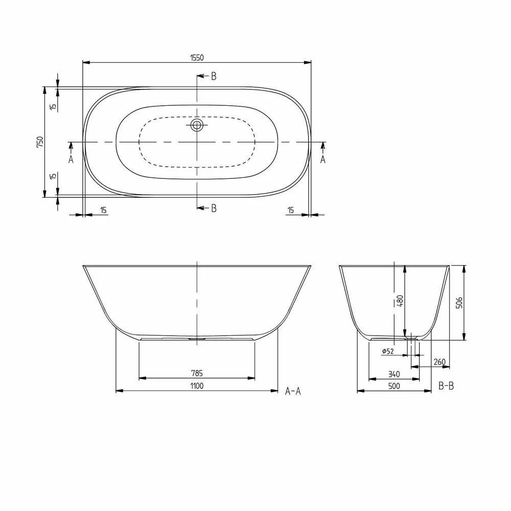 Cada baie freestanding 155x75 cm alb alpin, ovala, Villeroy&Boch Theano [5]
