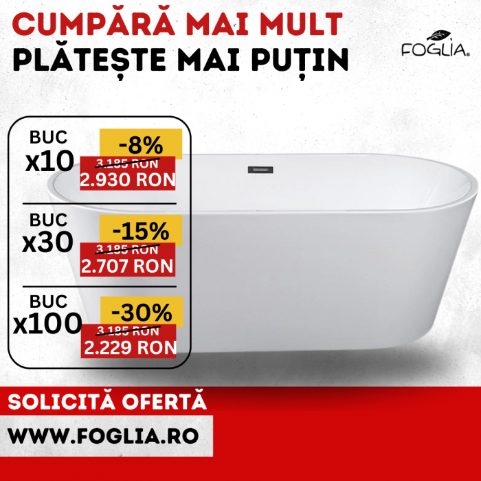 Cada baie freestanding 170 x 75 cm, ovala cu preaplin Ovale Foglia