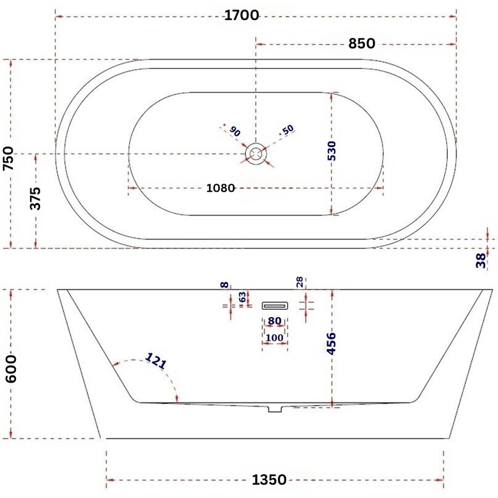 Cada baie freestanding 170 x 75 cm, ovala cu preaplin Ovale Foglia [8]