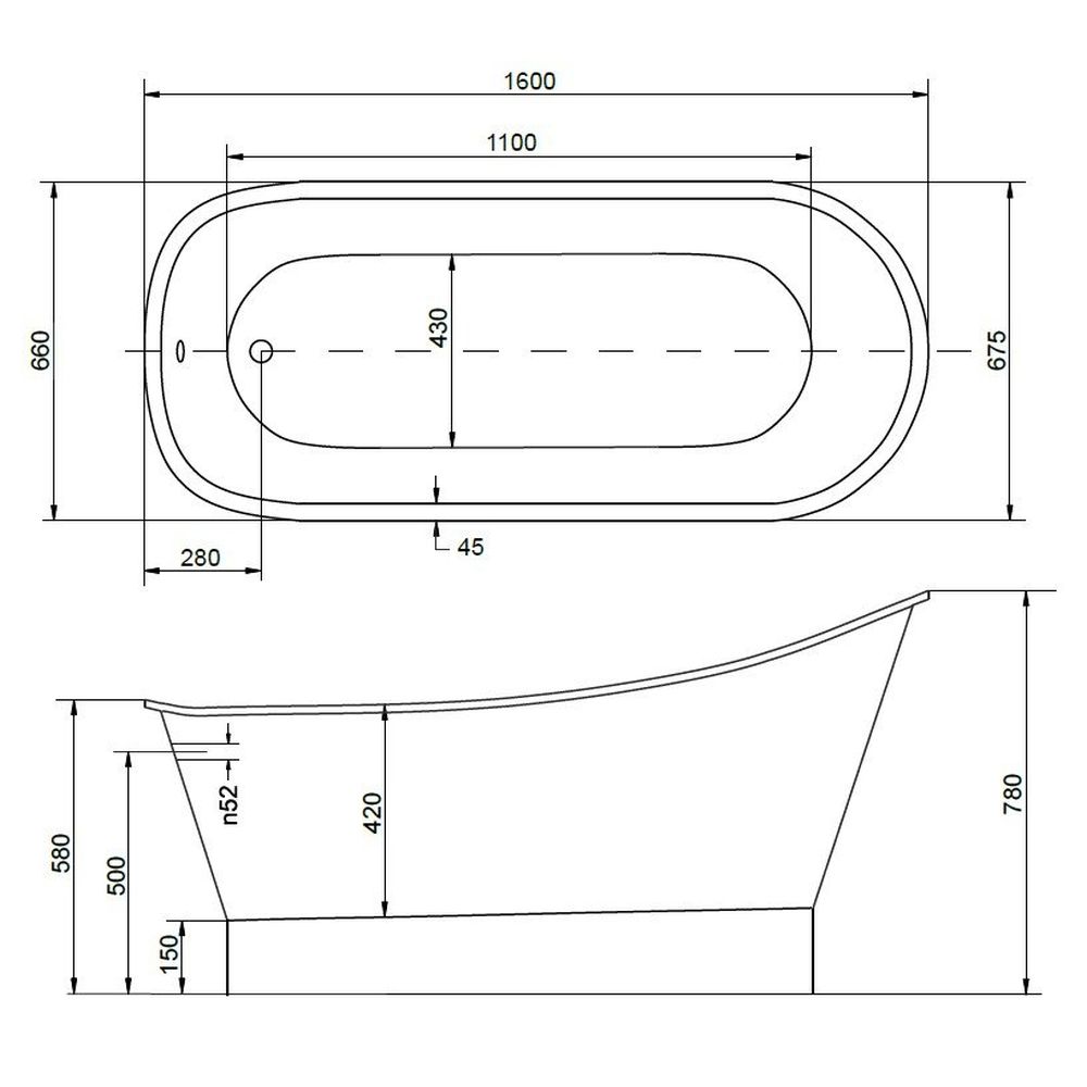 Cada baie freestanding asimetrica, compozit, 160 x 68 cm, Besco Gloria [5]