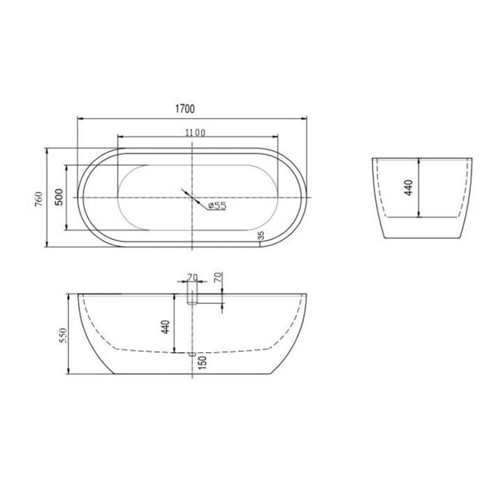 Cadă freestanding, Florida, Aura Slim 170, ovală, cu instalație completă, alb [5]