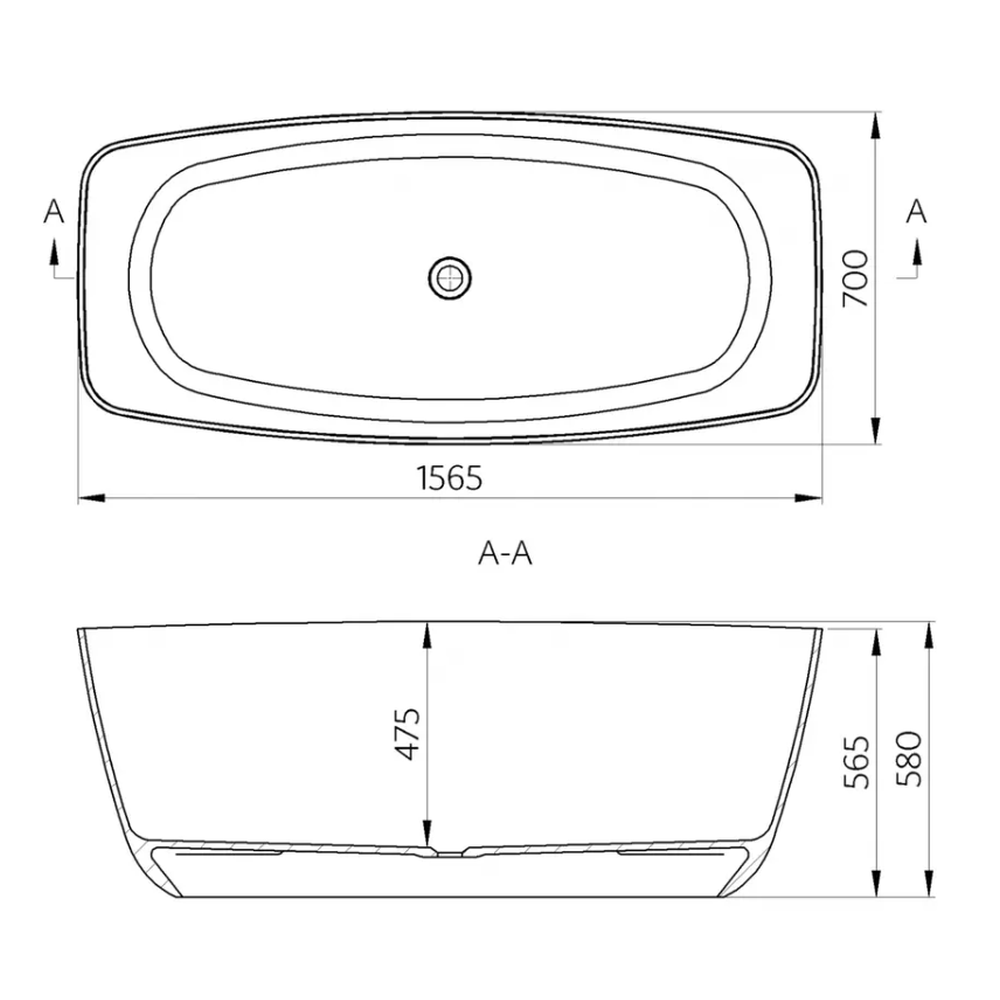 Cada baie freestanding dreptunghiulara, compozit, 156 x 70 cm, Cast Marble Monza [2]